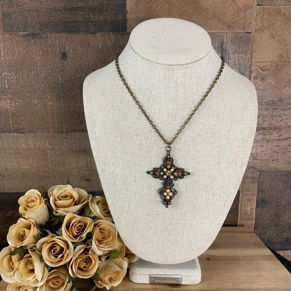 Vintage NY Bronze Beaded Cross Necklace